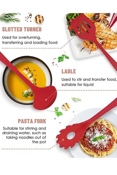 COOYA 12 Piece Silicone Cookware Set,Heat Resistant Non-Stick Cookware with Storage Cup,Hangable,Red
