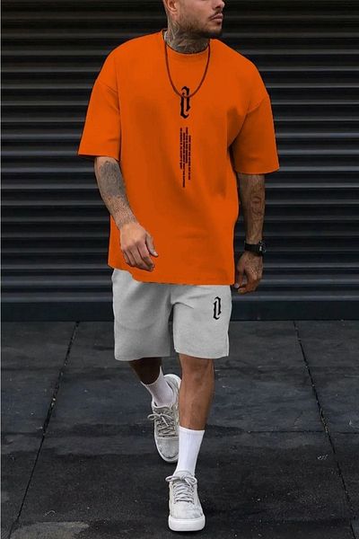 CLAYES Orange Gray Vertical T-Shirt and Shorts Set - Oversize Crew Neck Printed T-Shirt and Shorts Set
