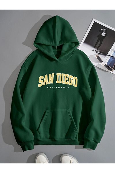 DUBU BUTİK San Diego Sweatshirt - Green Printed Oversize Hoodie