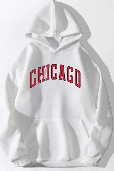 DUBU BUTİK Chicago Summer Sweatshirt - White Printed Oversize Hoodie