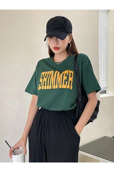 CLAYES Γυναικείο μπλουζάκι Green Oversize Shimmer - Oversize Printed