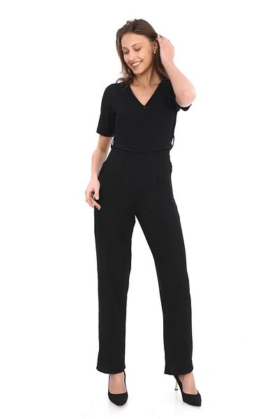 penyebizden Women's Crepe Waist Belt and Zipper Jumpsuit-Black