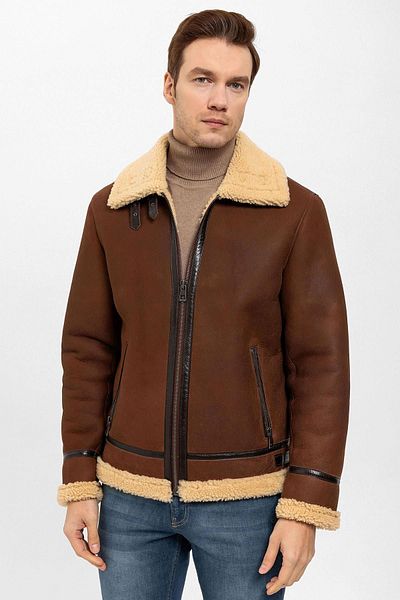 Deriderim Tan Pilot Wool Genuine Leather Men's Coat