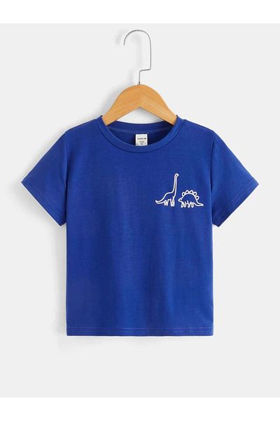 CLAYES Dinosaurs Cotton Kids T-Shirt - Sax Blue Printed Girls Boys' Summer Crew Neck T-Shirt
