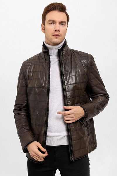 Deriderim Men's - Genuine Leather Coat, Brown, Keene, Wool Inside, Zippered