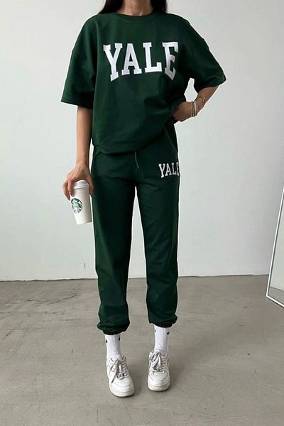 CLAYES Σετ μπλουζάκι και φούτερ Yale Green Printed - Oversize Crew Neck