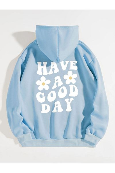 DUBU BUTİK Φούτερ Papatya Good Day - Baby Blue Printed Oversize Χοντρή χειμερινή κουκούλα