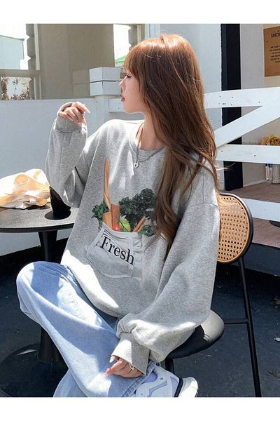 DUBU BUTİK Vegan Fresh Sweatshirt - Gray Printed Oversize Thick Winter Crew Neck