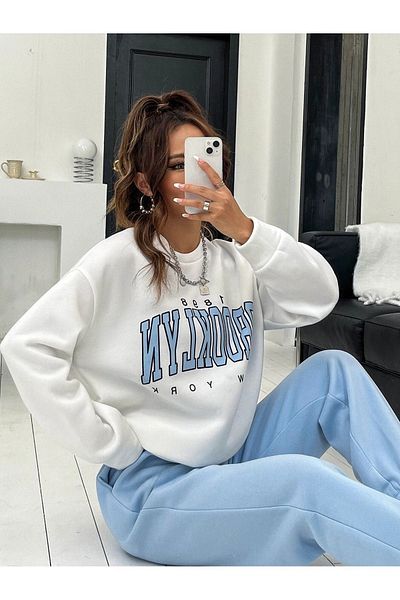 DUBU BUTİK Σετ φόρμας Brooklyn Λευκό φούτερ Baby Blue Jogger - Printed Oversize Raster Crew Neck