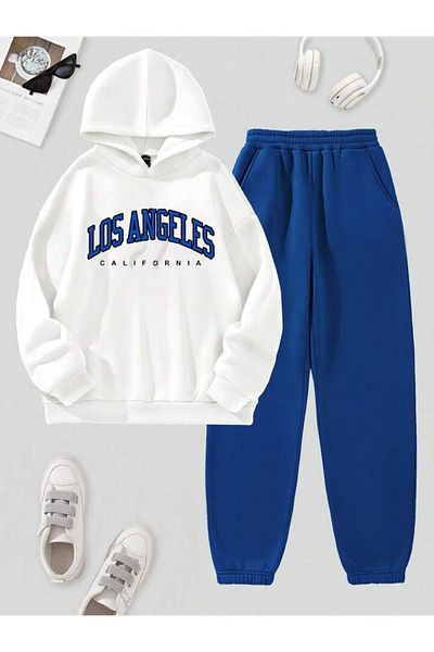 CLAYES Σετ φόρμας Los Angeles Λευκό φούτερ Sax Blue Jogger - Printed Oversize Raster Hooded
