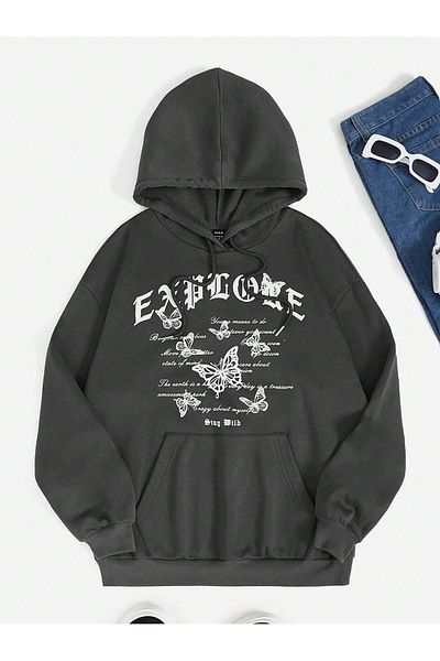 DUBU BUTİK Explore Butterfly Sweatshirt - Black Printed Oversize Hoodie