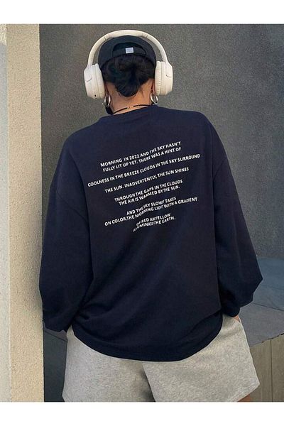 DUBU BUTİK Coolness Breeze Oversize Sweatshirt - Navy Blue Printed, Thick Winter, Crew Neck