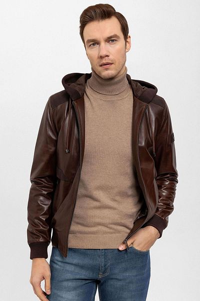 Deriderim Coffee Dexter Hooded Zippered Lined Men's Genuine Leather Coat