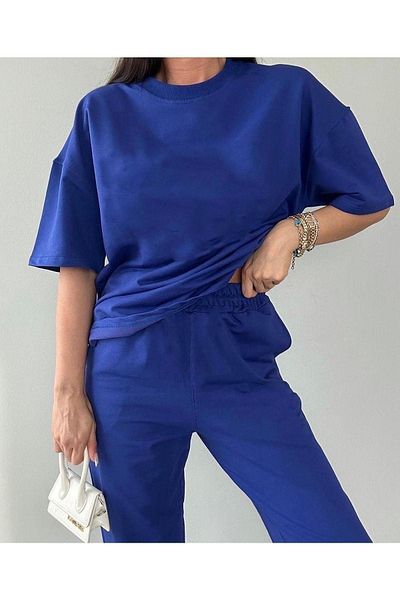 CLAYES Basic T-shirt Sweatpants Jogger - Saks Blue Straight Bottom Top Σετ φόρμας Oversize Crew Neck
