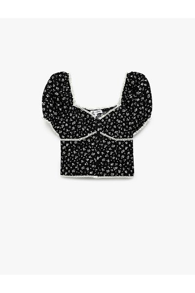 Koton Νέα σεζόν Heart Neck Κοντό μπαλόνι μανίκι Floral Crop Μπλούζα