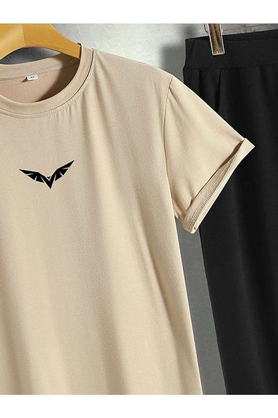 CLAYES Wing Mink T-shirt Μαύρο Sweatpants Jogger - εμπριμέ στο κάτω μέρος Oversize Crew Neck
