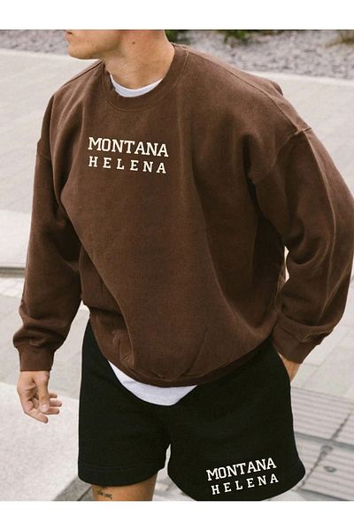 DUBU BUTİK Montana Helena Pattern Sweatshirt - Brown Printed Oversize Thick Winter Crew Neck