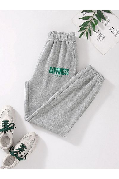 VBSVİBES Pantaloni de sport pentru femei, gri Happiness, imprimați cu picior elastic, Jogger, 2 fire, fără înălțat