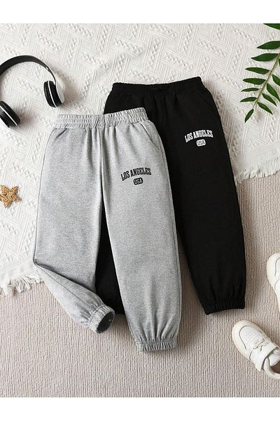 DUBU BUTİK 2-Piece Los Angeles Cotton Children's Sweatpants Jogger - Gray Black Printed Girls' Boys' Rubber Leg