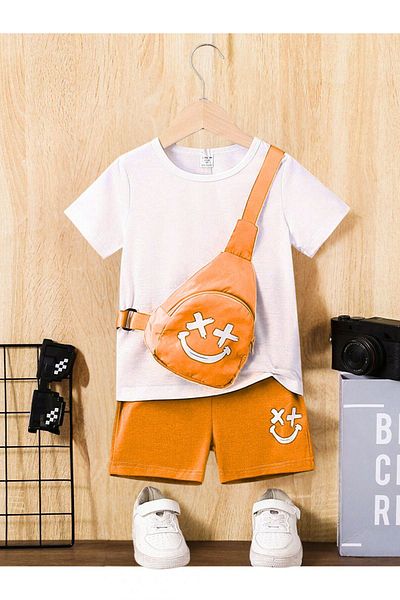 CLAYES Smiling Face Printed Children's Suit White T-shirt Orange Shorts Crew Neck Bag None in Team