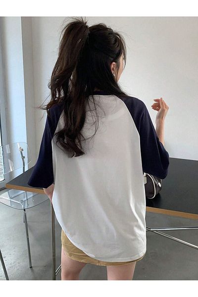 DUBU BUTİK Day By Day Piece Single Jersey T-Shirt - White Navy Blue Printed Oversize Crew Neck Short Sleeve T-Shirt