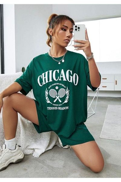 CLAYES Chicago Tennis T-Shirt Shorts - Green Bottom Top Combination Shorts T-Shirt Set Printed Oversize Crew Neck