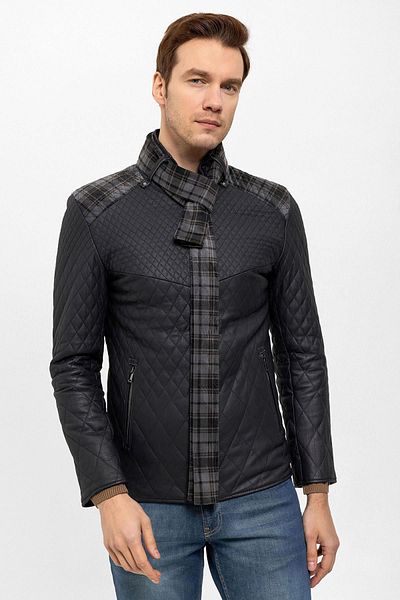 Deriderim Navy Blue Steven Men's Shawl Quilted Genuine Leather Coat