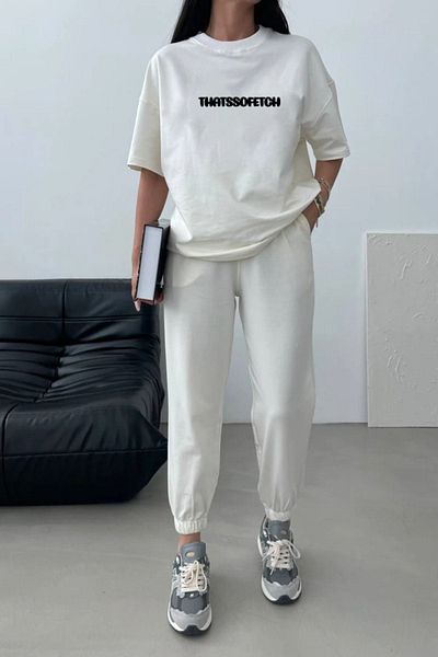 DUBU BUTİK Σετ φόρμας Thatssofetch White Print Oversize Cycling Yak