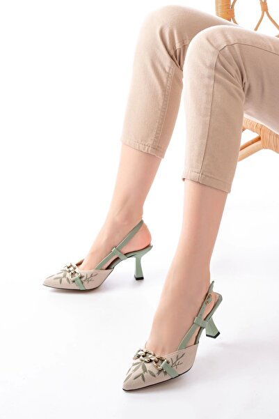 Genel Markalar K-250 Fıstık Yeşili Keten Günlük Arkası Açık Tokalı Topuklu Ka...