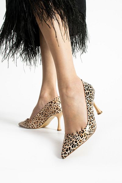 Güllü Shoes Beige Leopard Patterned Women's Stiletto Shoes - Nurse Stylish Casual Office Style