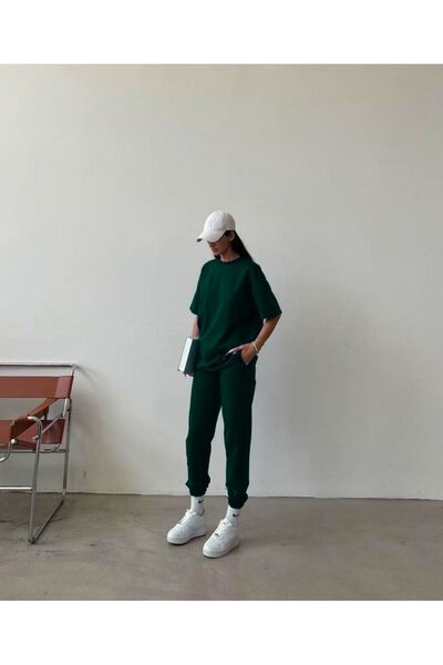 DUBU BUTİK Movement T-shirt Sweatpants Jogger- Σετ φόρμας με στάμπα στο κάτω μέρος Oversize Crew Neck