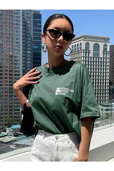 CLAYES Μπλουζάκι Cheerish Effect - Πράσινο Oversize Printed Crew Neck