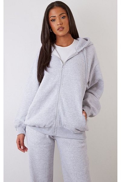 DUBU BUTİK Basic Plain Cardigan - Gray Zippered Oversize Hoodie