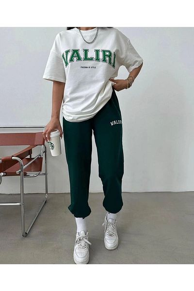 CLAYES Valiri T-shirt Φούτερ Jogger- Πράσινο και Λευκό εμπριμέ κάτω μέρος Φούτερ κοστούμι Oversize Cycling Yak