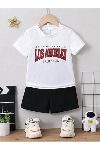 DUBU BUTİK Los Angeles Kids Set - White T-shirt and Black Shorts - Girls and Boys Summer Crew Neck