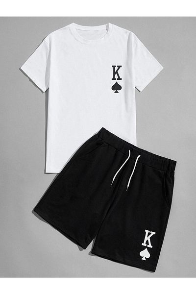CLAYES K نمط تي شيرت السراويل - أبيض أسود أسفل أعلى مزيج السراويل تي شيرت مجموعة مطبوعة كبيرة الحجم طاقم الرقبة