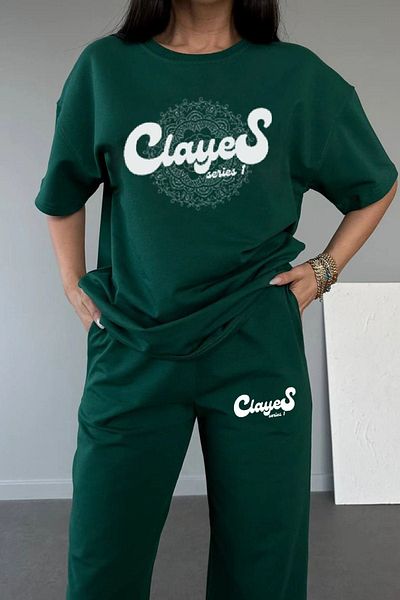 CLAYES Σειρά T-shirt Sweatpants Jogger- Πράσινη στάμπα κάτω από πάνω σετ γυμναστικής Oversize Crew Neck
