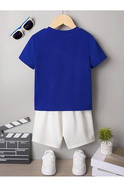 DUBU BUTİK Sax T-shirt and White Shorts - Crew Neck Ideal Cotton Kids Set