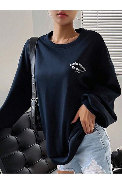 DUBU BUTİK Energetic Sweatshirt - Navy Blue Printed Oversize Thick Winter Crew Neck