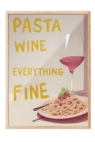 Postifull Ζωγραφική με ξύλινο πλαίσιο, Cake Wine Everything Fine, Ξύλινη ζωγραφική κουζίνας σειράς Comfort, NO:109133
