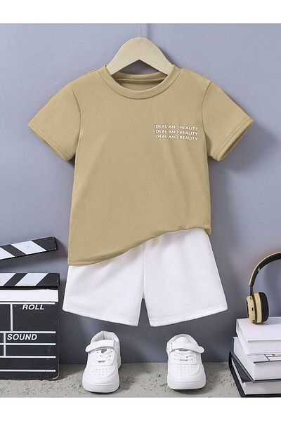 CLAYES Crew Neck Ideal Printed Kids Set - Beige T-shirt and White Shorts