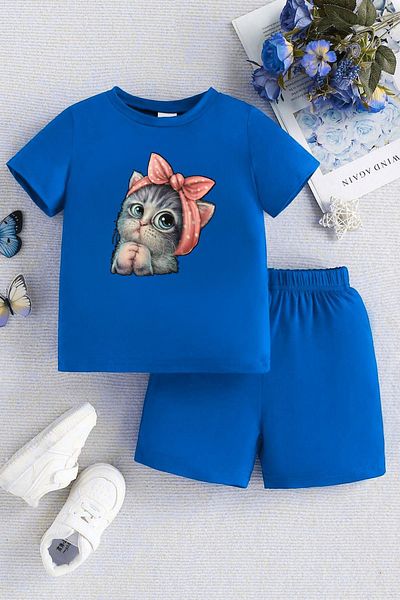 CLAYES Little Cat Kids Suit T-Shirt Shorts - Saks Blue Print Girl's Summer Crew Neck