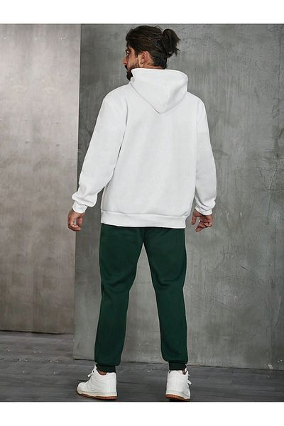 DUBU BUTİK New York Tracksuit Set Sweatshirt Jogger - White Nefti Green printed Oversize Hooded