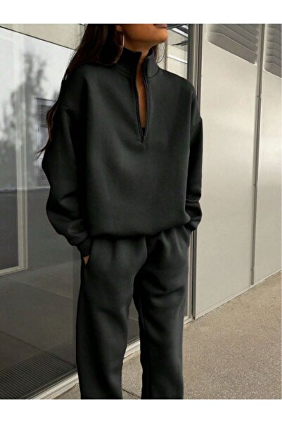 DUBU BUTİK Black Oversize Sweatshirt and Jogger Tracksuit Set - Straight Zippered, Raised Stand Collar