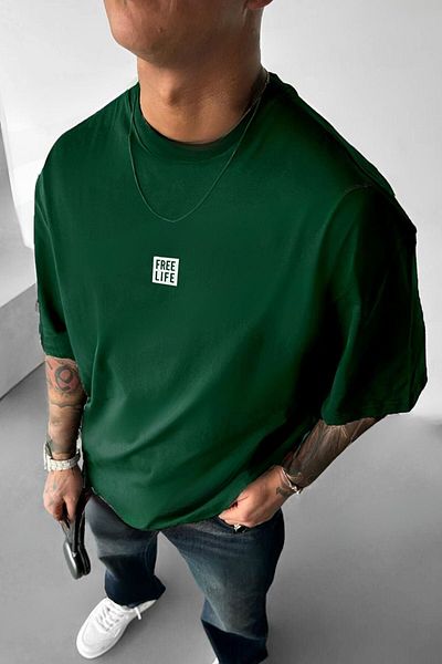 CLAYES Δωρεάν μπλουζάκι Life Green Printed Oversize - Άνετο T-shirt με λαιμόκοψη, κοντομάνικο