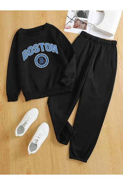 DUBU BUTİK طقم بدلة رياضية بوسطن 1987 سويت شيرت Jogger - رقبة دائرية كبيرة الحجم مطبوعة باللون الأسود