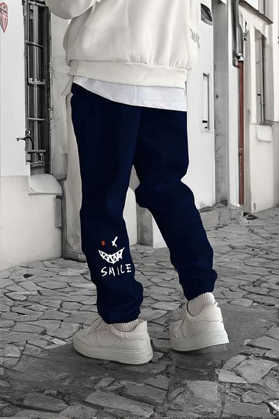 DUBU BUTİK Smile Face Sötétkék Jogger vékony melegítőnadrág - elasztikus lábnyomott, kényelmes stílus, lábnyomat részleteivel