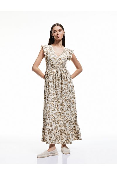 Koton Noul sezon rochie lungă cu mâneci fluture, cu decolteu în V, cu volan floral, înfășurată