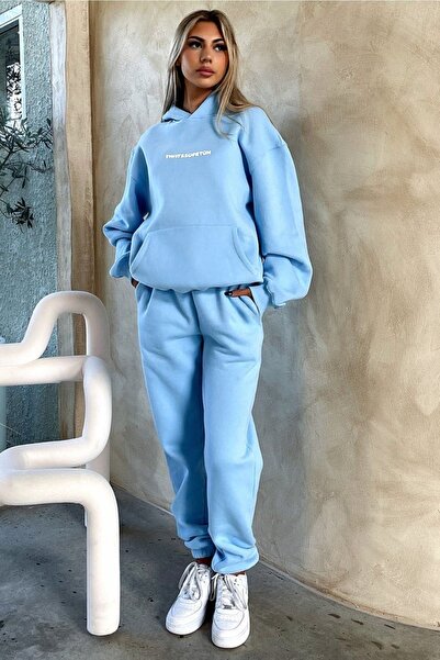 DUBU BUTİK That So Fetch Eşofman Takımı Sweatshirt Jogger - Bebe Mavisi Baskılı Oversize Şardonlu Kapüşonlu