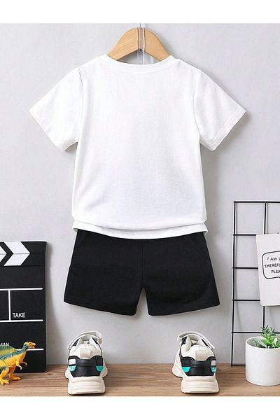 DUBU BUTİK Mamas Boy Cotton Kids Set - White T-shirt and Black Shorts - Printed Girls Boys Summer Crew Neck